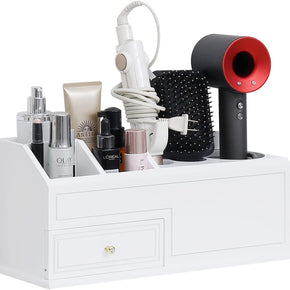 WELLAND Bathroom Organizer Desktop Storage Include Hair Dryer Rack with Drawer, 15.7"L x 4.9"D x 6.4"H, White