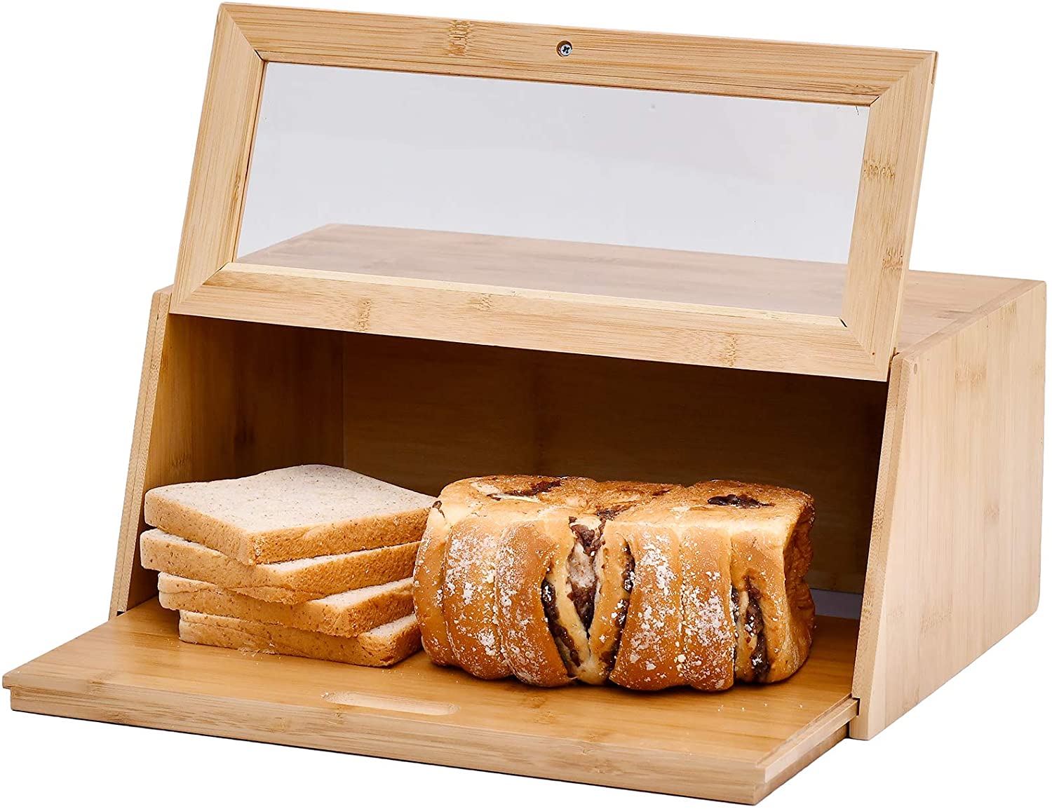 WELLAND Bamboo Bread Box for Kitchen Countertop, Large Capacity Storage Container with Clear Window for Loaf, Sandwich, Muffins etc, Bonus Cutting Board, Natural