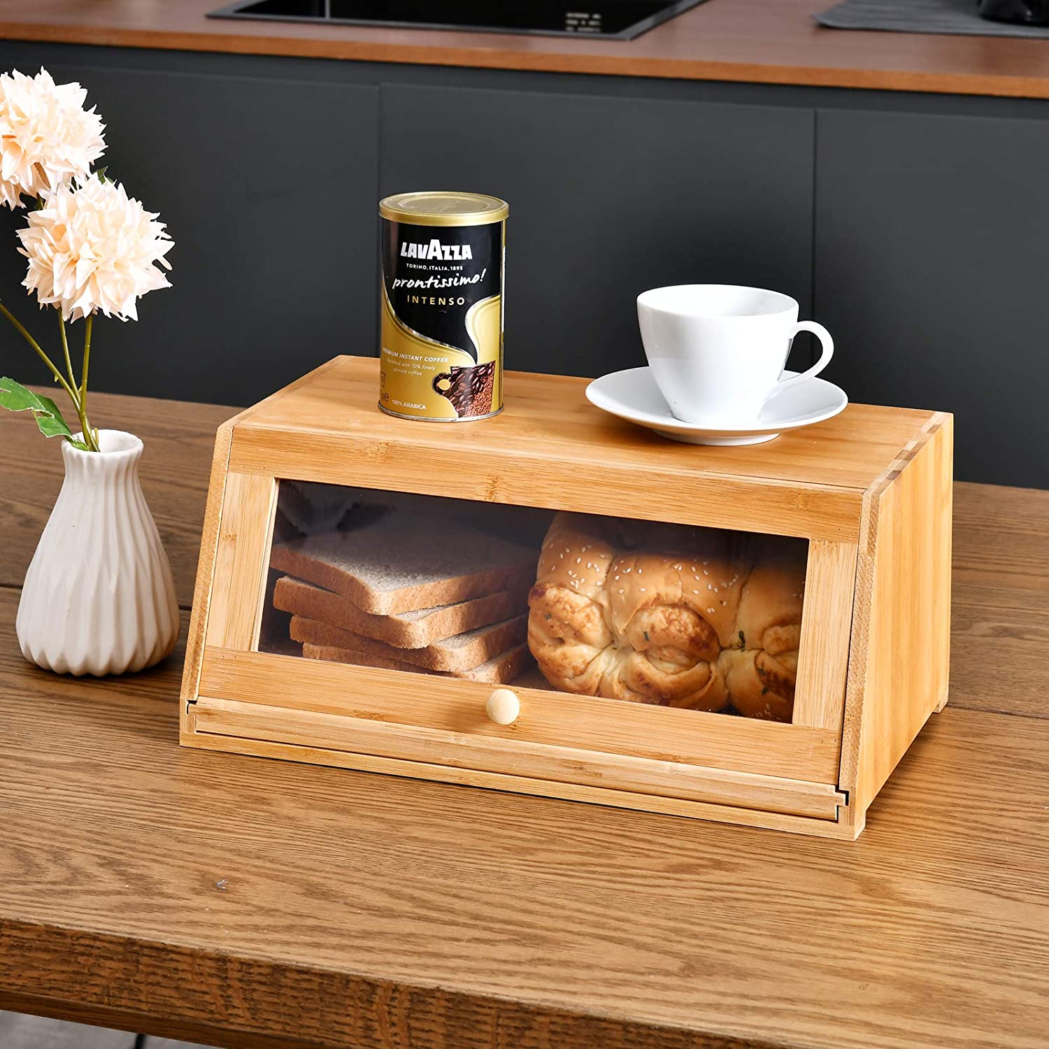 WELLAND Bamboo Bread Box for Kitchen Countertop, Large Capacity Storage Container with Clear Window for Loaf, Sandwich, Muffins etc, Bonus Cutting Board, Natural