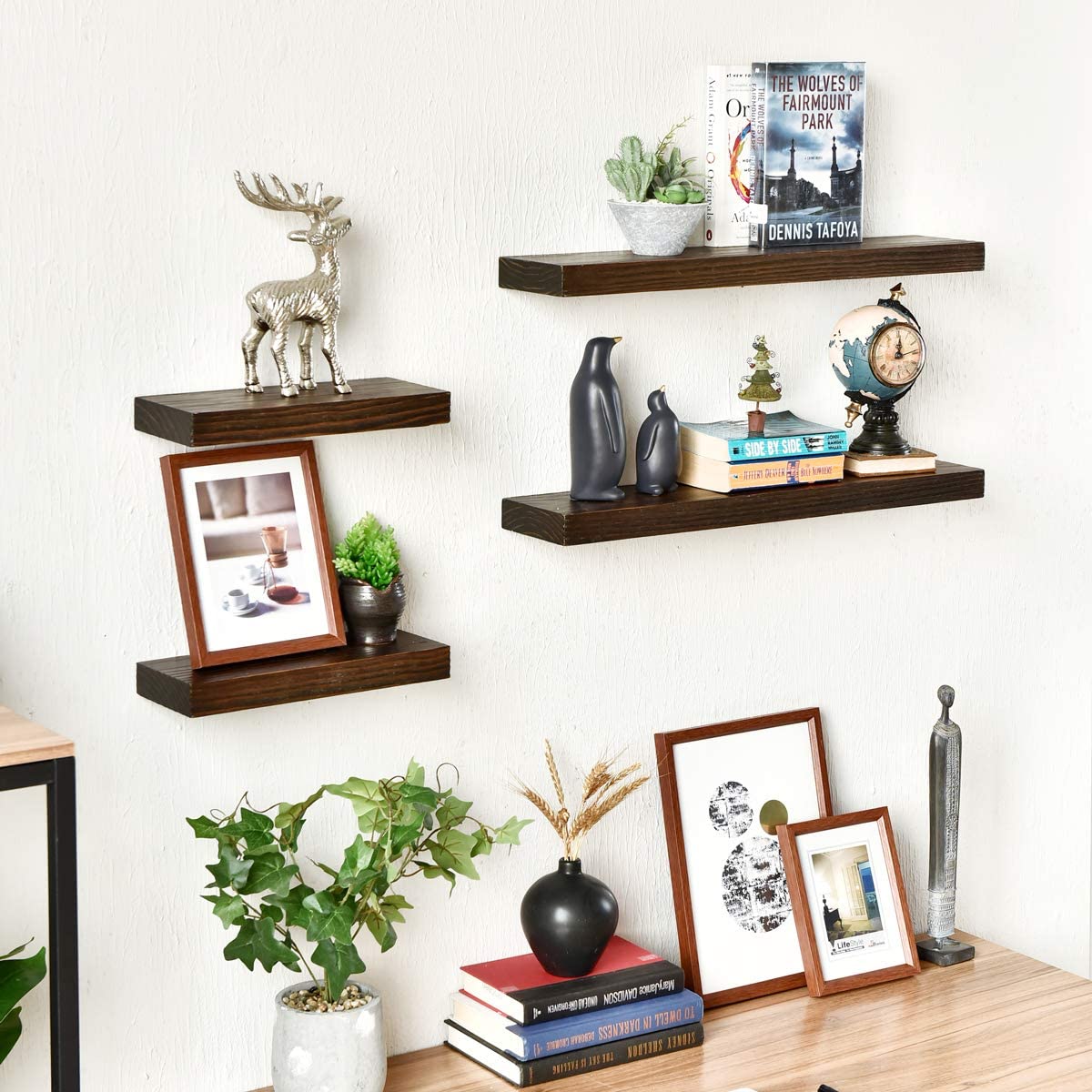WELLAND Bradley Handmade Wood Floating Shelf Rustic Wall-Mounted Shelves, Set of 2, 12