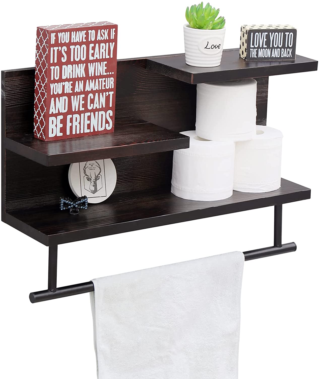 WELLAND 3-Tier Bathroom Shelf Wall Mounted, Wood Shelf with Towel Bar, Utility Storage Shelf Rack, 23.6