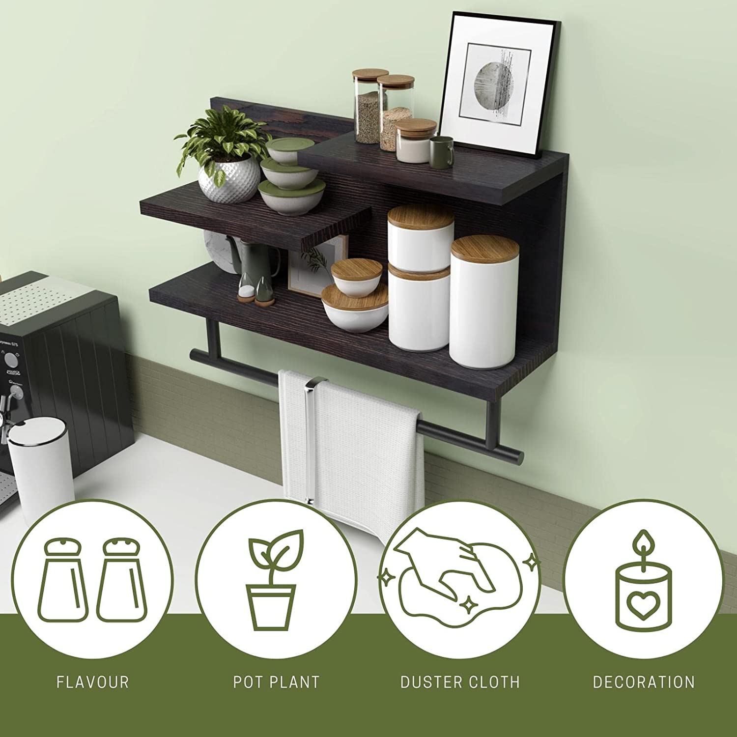 WELLAND 3-Tier Bathroom Shelf Wall Mounted, Wood Shelf with Towel Bar, Utility Storage Shelf Rack, 23.6