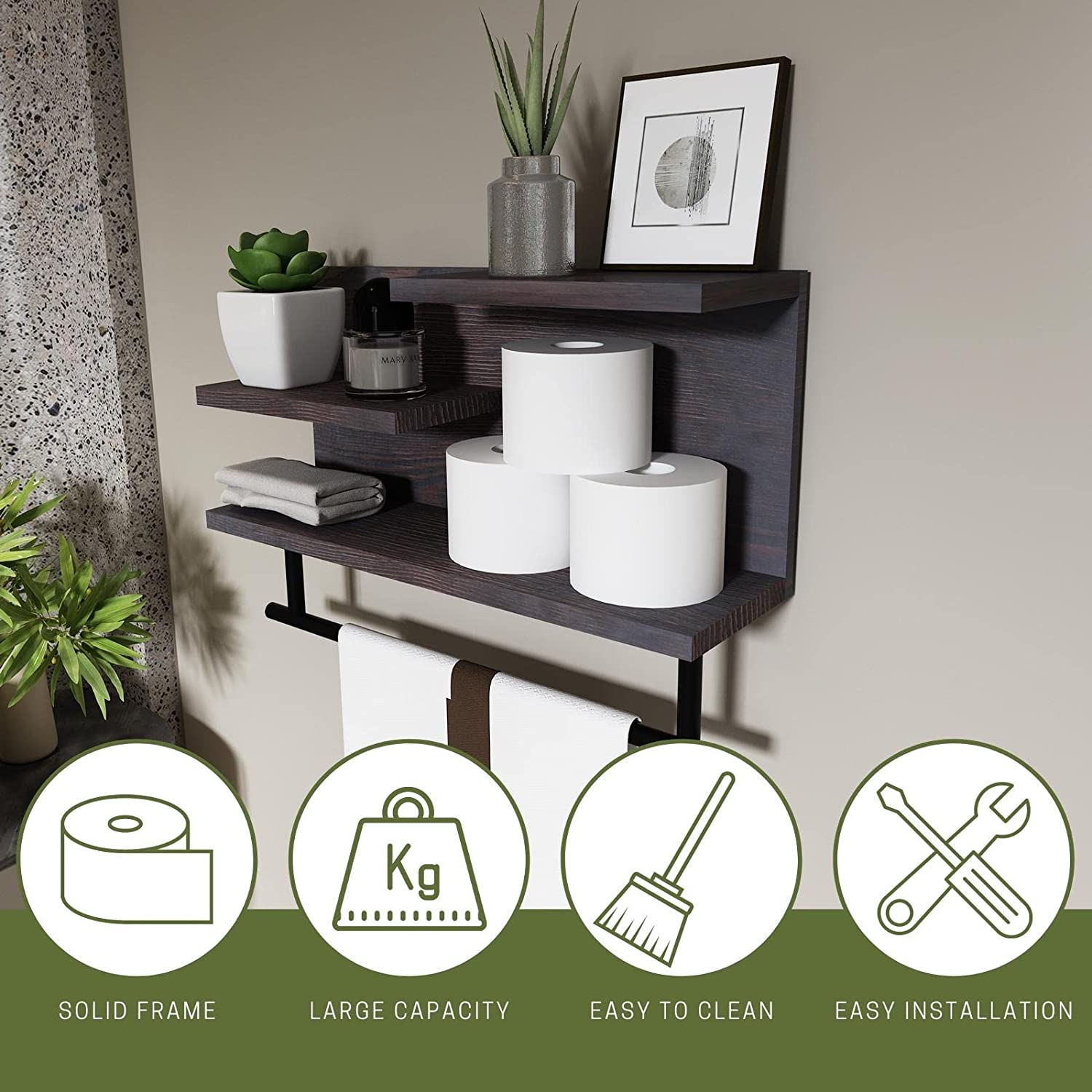 WELLAND 3-Tier Bathroom Shelf Wall Mounted, Wood Shelf with Towel Bar, Utility Storage Shelf Rack, 23.6