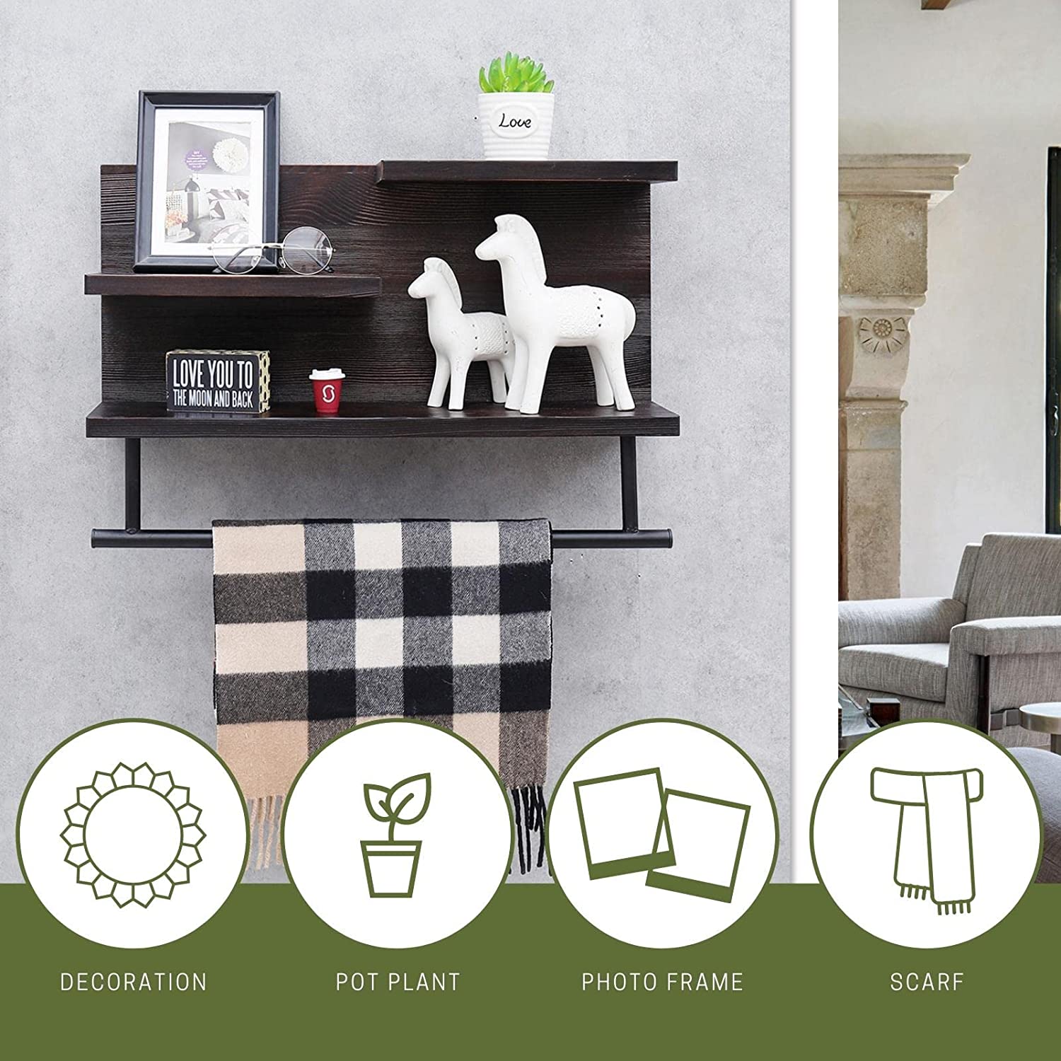 WELLAND 3-Tier Bathroom Shelf Wall Mounted, Wood Shelf with Towel Bar, Utility Storage Shelf Rack, 23.6