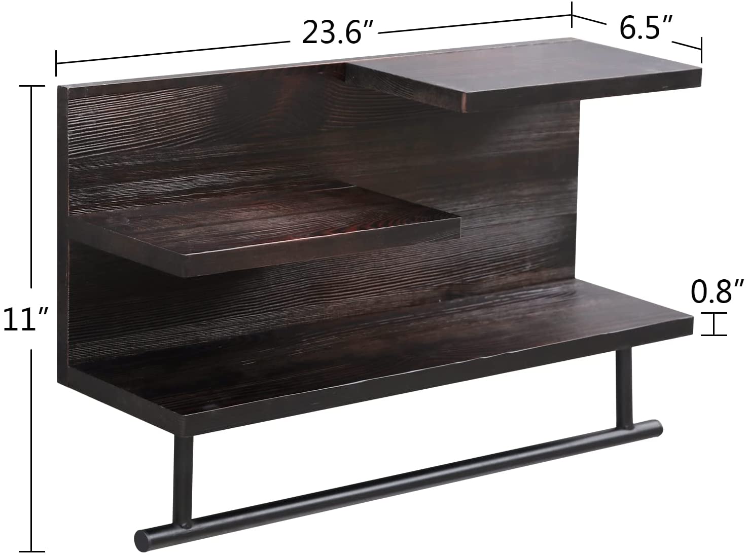 WELLAND 3-Tier Bathroom Shelf Wall Mounted, Wood Shelf with Towel Bar, Utility Storage Shelf Rack, 23.6