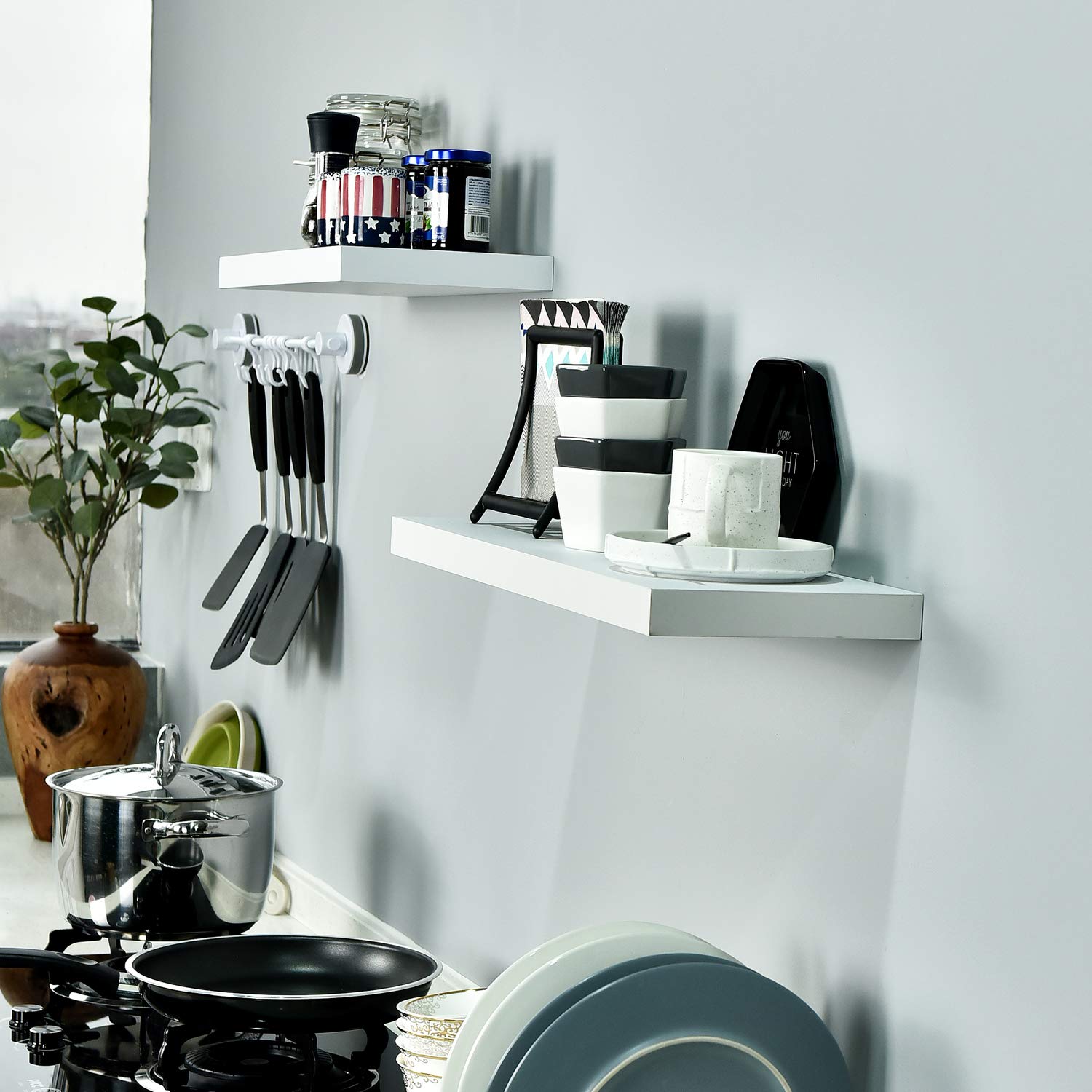 WELLAND Simons Floating Shelf Wood Modern Wall Mounted Display Shelves, Set of 2, 24