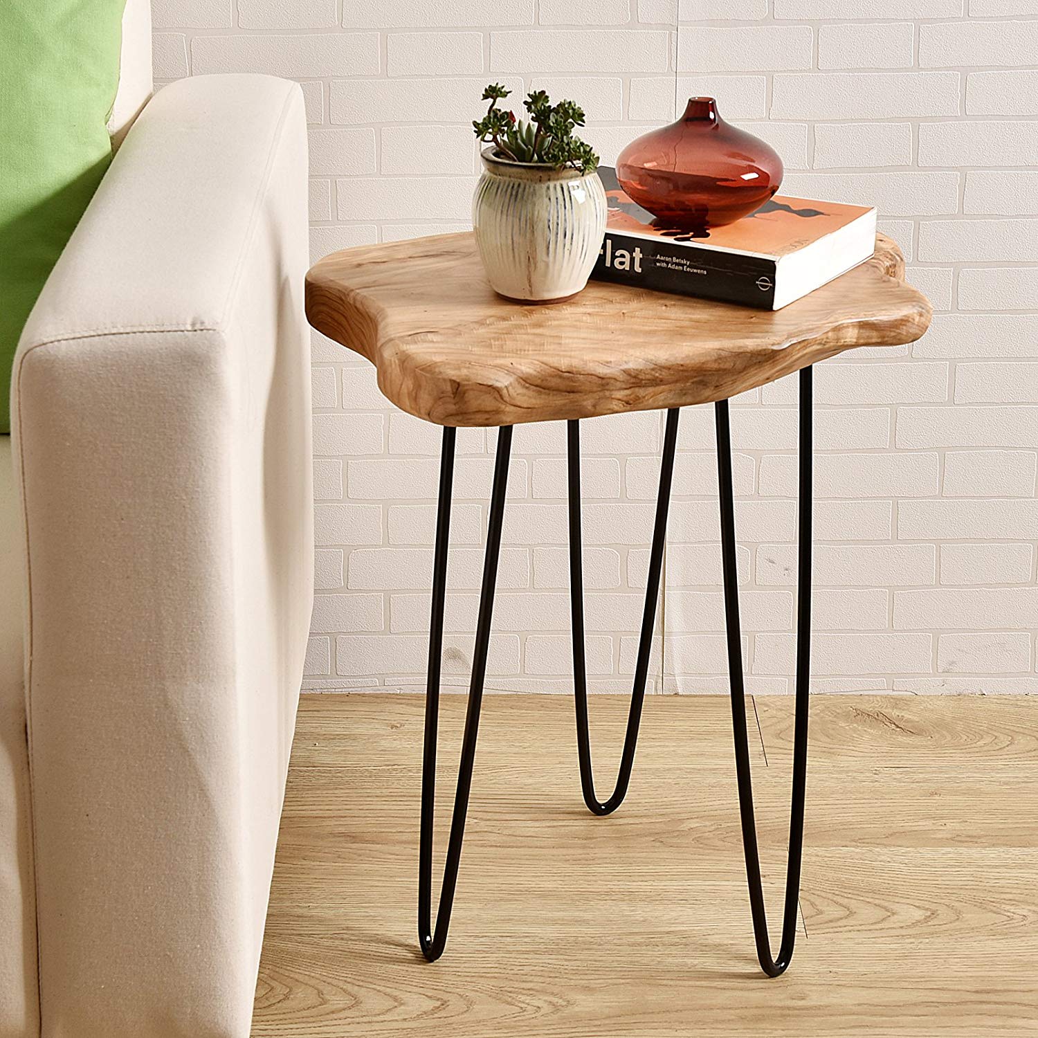 WELLAND Natural Live Edge Side Table with Hairpin Legs, Small Nightstand Wood End Table, 13.5
