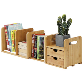 WELLAND Bamboo Expandable Desktop Bookshelf Desk Organizer with 2 Storage Drawers, 13-25"(W) x 9.8"(H) x 7.4"(D)
