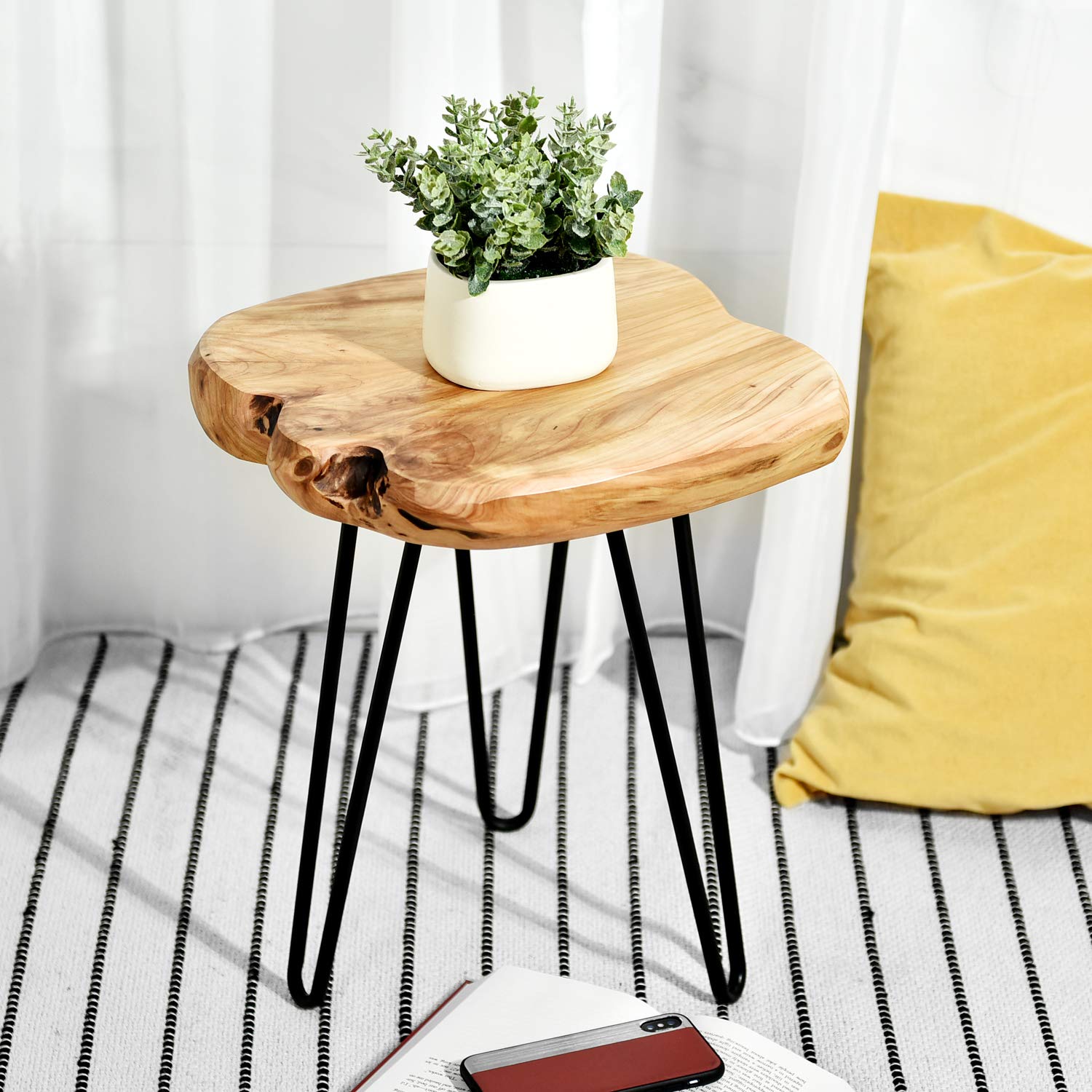 WELLAND Natural Live Edge Side Table with Hairpin Legs, Small Nightstand Wood End Table, 13.5
