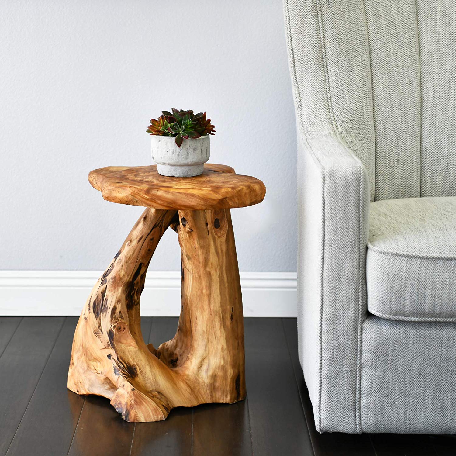 WELLAND Tree Stump Nightstand Side Table, Live Edge Stool, Natural Edge Wood End Table, Accent Table, 19