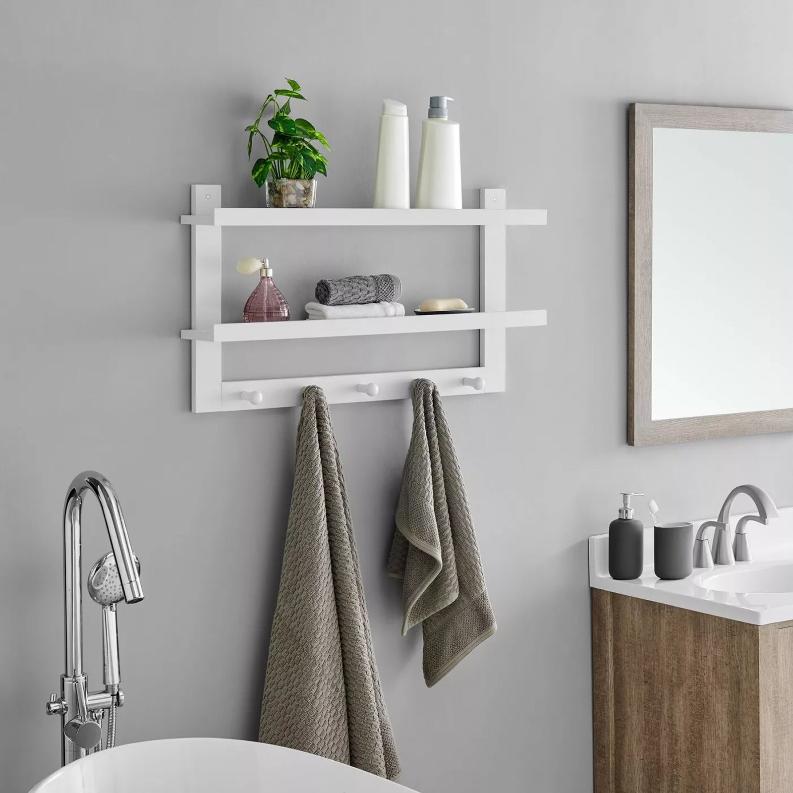 5 Hook Wood Wall Mounted Floating Bathroom Shelf and Towel Rack