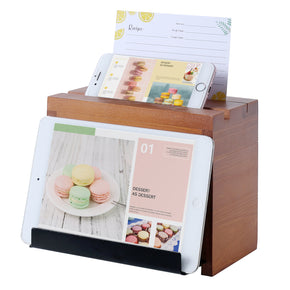 WELLAND Wood Recipe Box with 4 x 6 Inches Cards, Phone Slot on The Top, Pull-Out iPad Holder Stand, Card Dividers with Tap, 7.5"W x 6"D x 5"H