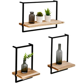 WELLAND 5.5'' Modern Natural Solid Wood Floating Shelves with Metal Frame Wall Mounted Shelf Display, Set of 3 (16", 14", 12")