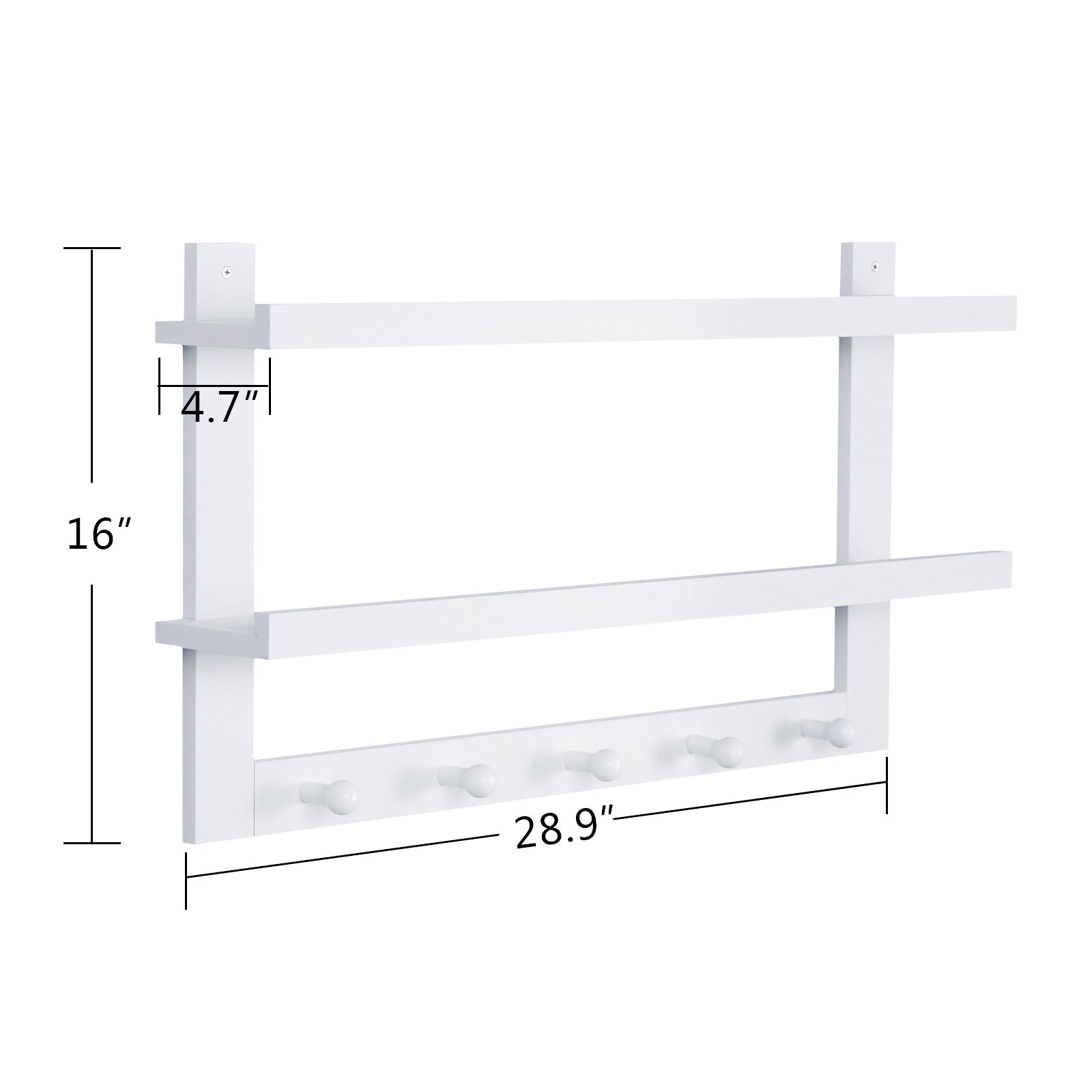 LUPWNEKA 2-Tier Wall Hooks with Shelves, White Wood Coat Rack with Shelf Wall-mounted, 24’’Entryway Floating Lip Shelves with 5 Tri Hooks Underneath