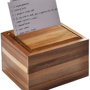 WELLAND Acacia Wood Recipe Box with Card Divider Recipe Card Set, 7.25"L x 6"W x 5.25"H