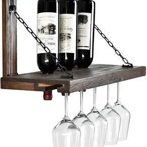 WELLAND Karen Rustic Pine Wood Wall Mounted Wine Racks with Glass Holder Floating Wine Shelf & Glass Rack, 24"L x 10"W x 12"H
