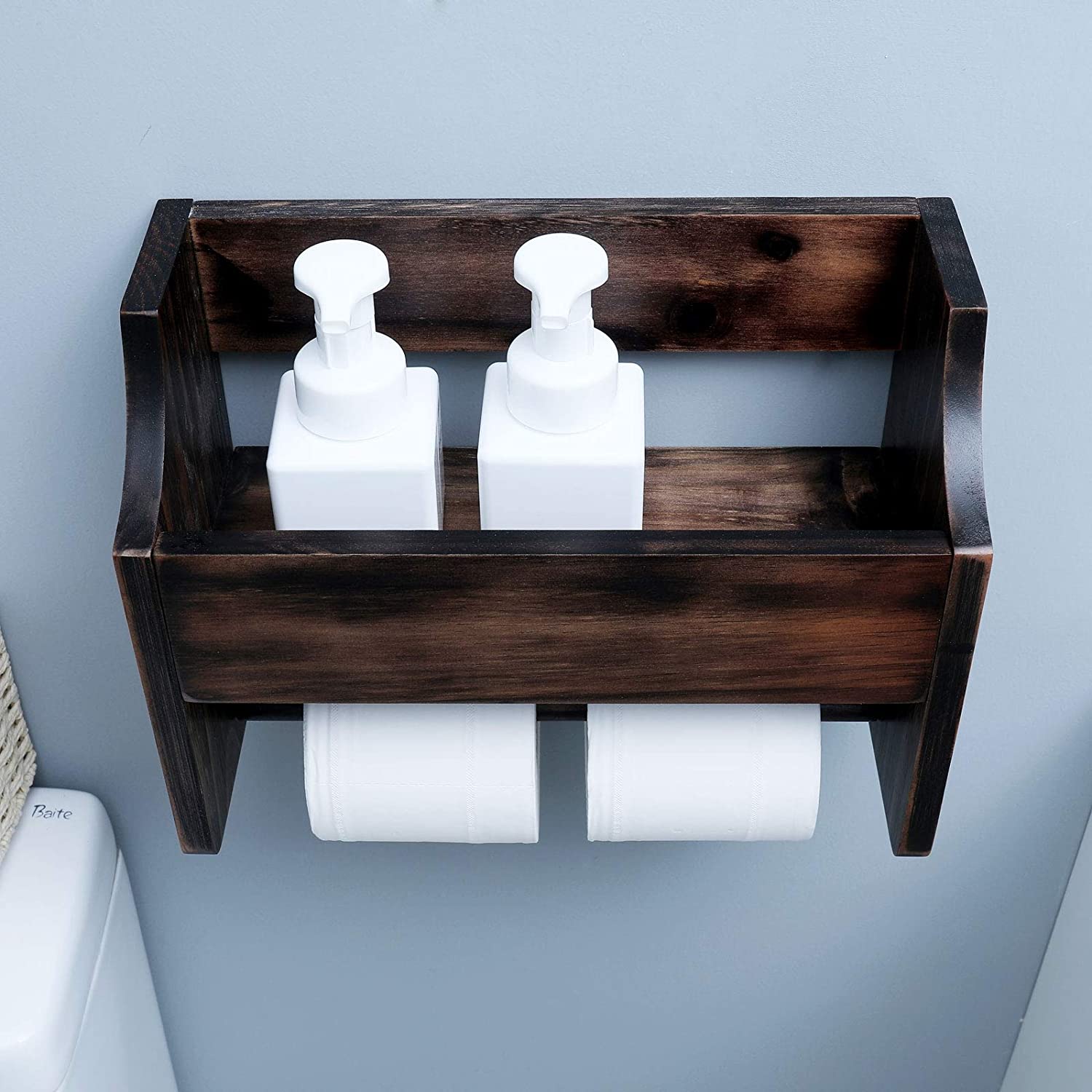 Oumilen Wall Mounted Paper Towel Holder with Wood Shelf, Rustic Brown