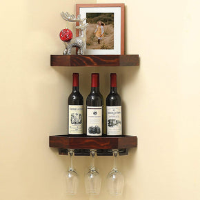 WELLAND Rustic Wood Corner Floating Shelves Wall Mounted Corner Wine Rack with 6 Glass Slot Holder, Set of 2