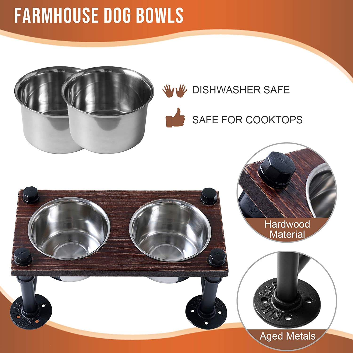 MyGift Rustic Heavy Cast Iron Dachshund Shaped Raised Dog Food and Water  Bowls Pet Feeder with 2 Removable Stainless Steel Bowls