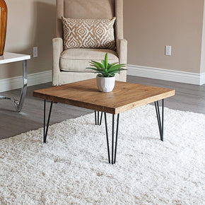 WELLAND Square Old Elm Wood End Table Rustic Surface Side Coffee Table with 4-Leg Metal, 27"D x 27"W x 16"H