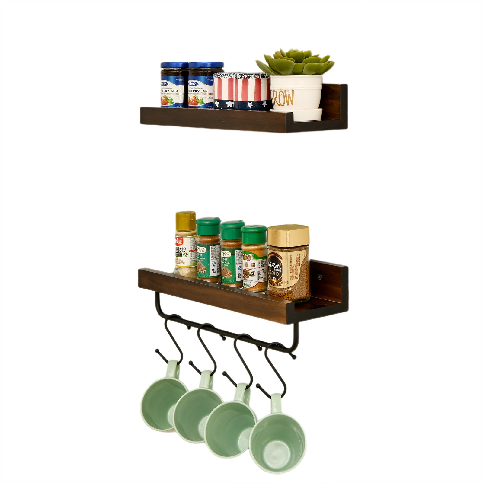 WELLAND Dayton Wood Picture Ledge Wall Mounted Storage Shelf Bathroom  Floating Shelves with Towel Hooks, Set of 2, 15.7