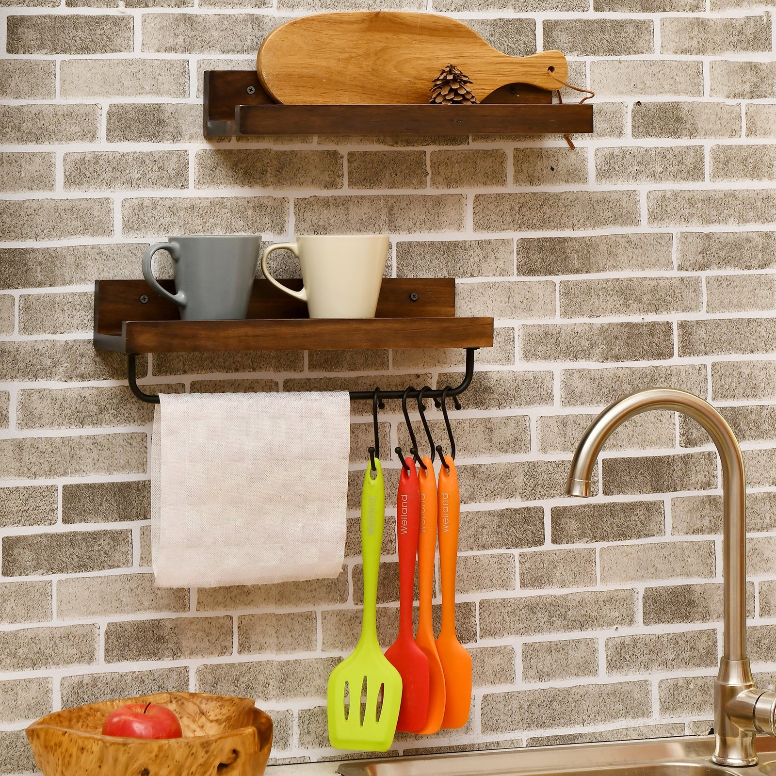 Kitchen Paper Towel Holder Countertop Rack, Rustic Burnt Wood and Metal Towel Dispenser with Top Shelf