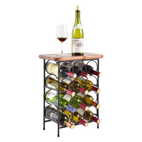 WELLAND Rustic Pine Wood Laura 12 Bottle Wine Rack with Solid Wood Table Top, Metal & Wood Free Standing Wine Storage Rack, 12.6"L x 7.3"W x 18.5"H