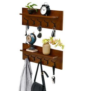 WELLAND 24" Solid Wood Wall Mounted Coat Rack Shelf with Hooks, Storage Rack Shelf, Set of 2, 23.6"L x 4"W x 8"H, Espresso
