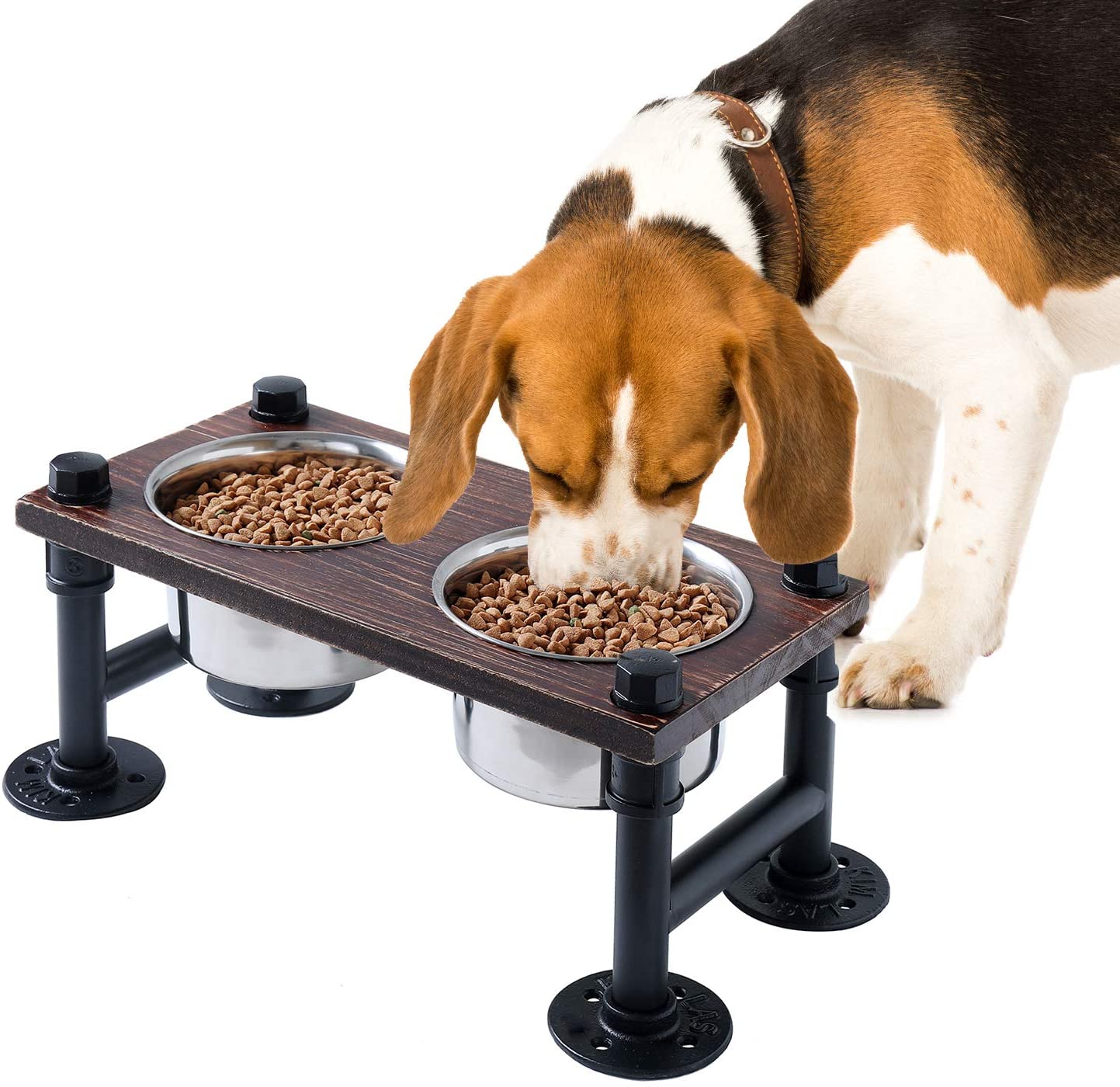 WELLAND Elevated Dog Bowls with 2 Stainless Steel Bowls, Farmhouse