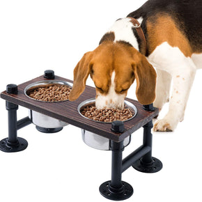 WELLAND Elevated Dog Bowls with 2 Stainless Steel Bowls, Farmhouse Style Dog Raised Bowls Dog Feeder with Solid Wood Board & Black Metal Legs, 15.7"W x 8"D x 6.7"H