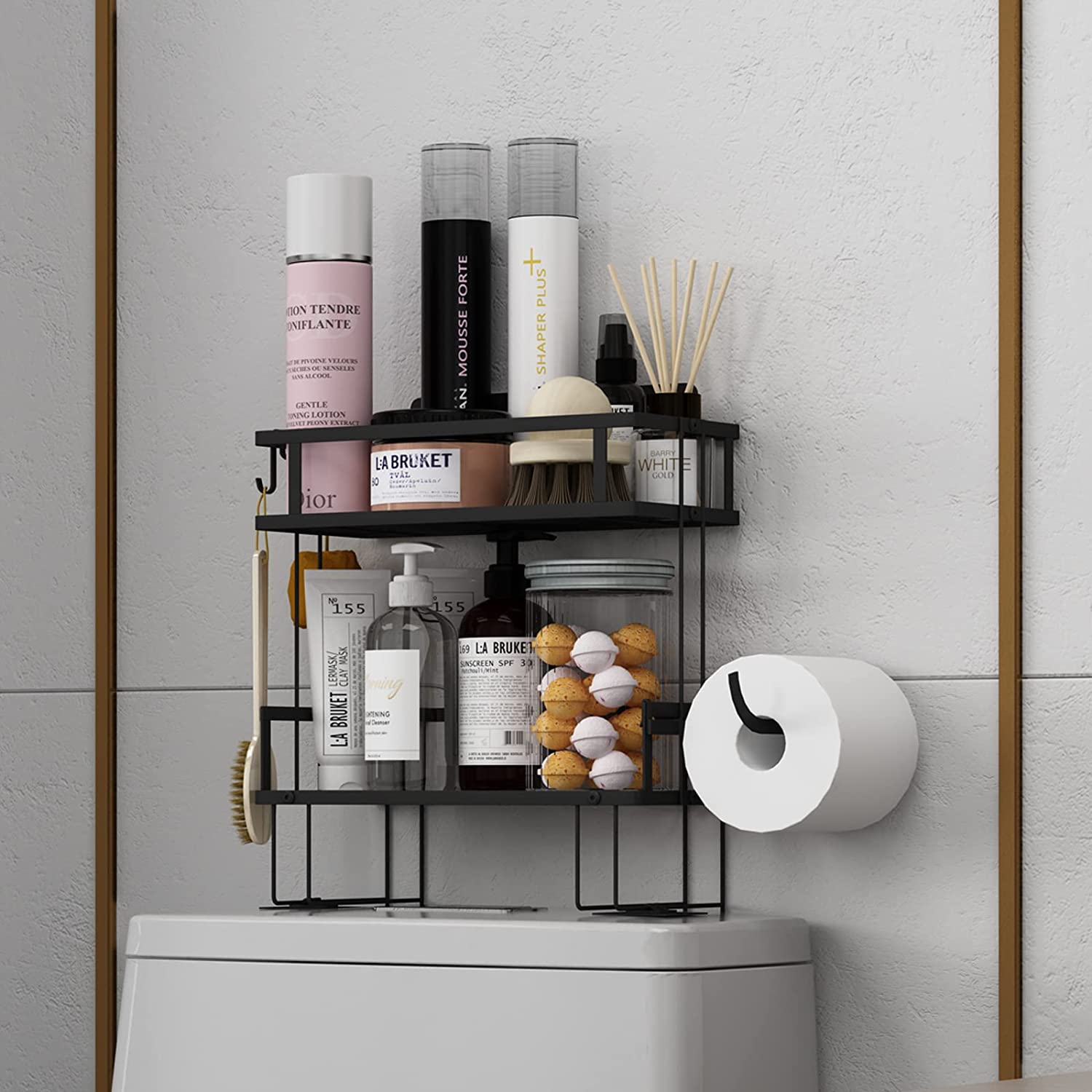 2-Tier Freestanding Matte Black Metal Over-the-Toilet Storage Rack