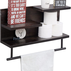 WELLAND 3-Tier Bathroom Shelf Wall Mounted, Wood Shelf with Towel Bar, Utility Storage Shelf Rack, 23.6"L x 6.5"W x 11"H, Retro