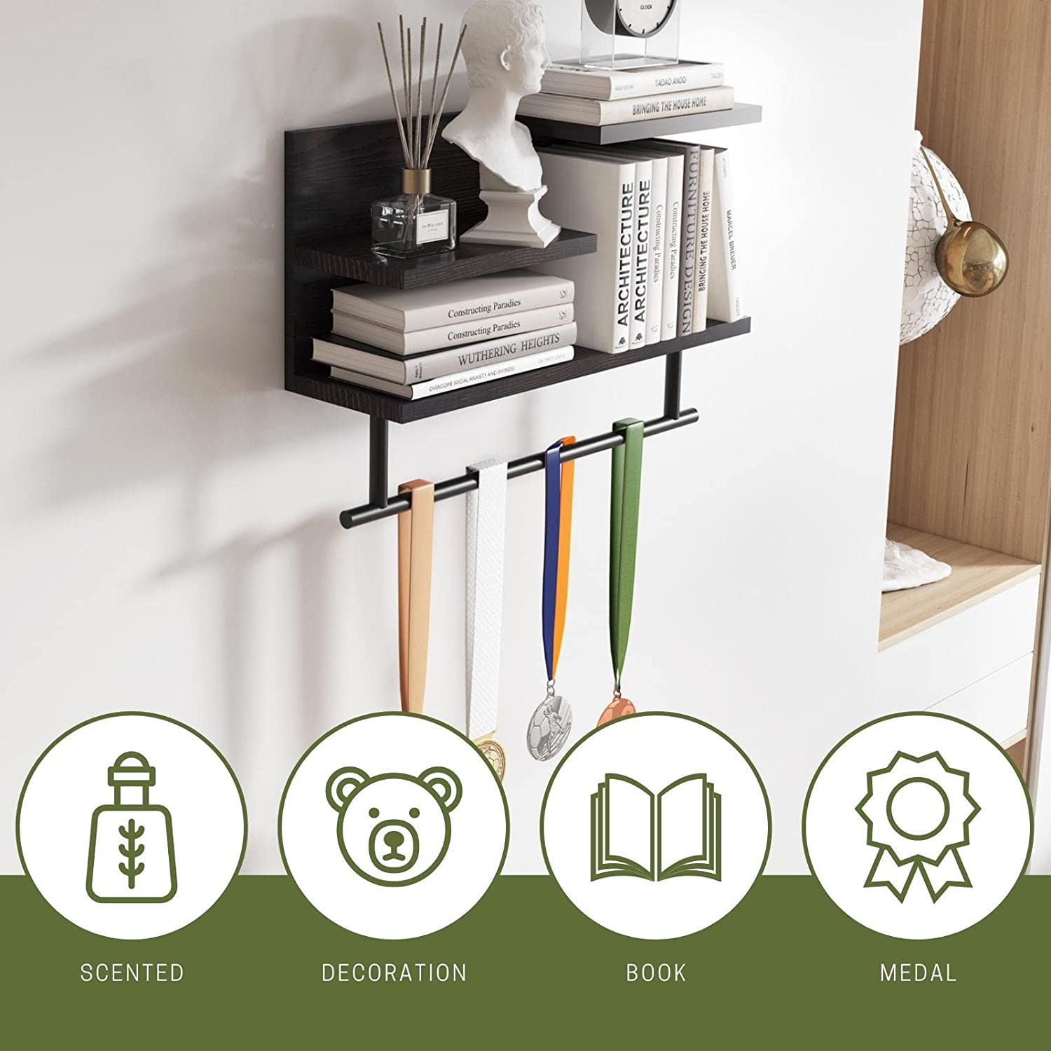 3 tier floating online shelf with towel bar